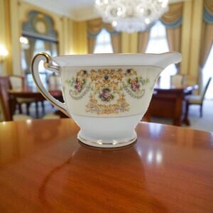 P B Charm Footed Creamer Bowl Japan Floral Scroll Green Gold Trim 1950-1960s